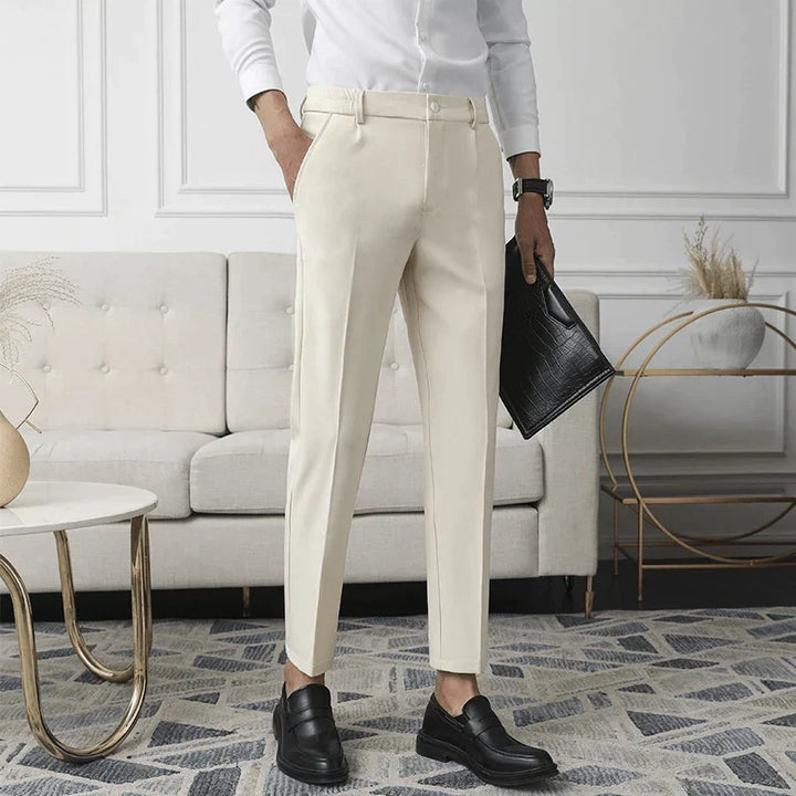 Heren stretch pantalon met tapered fit, grijs, comfortabel en stijlvol voor zowel casual als formele gelegenheden.