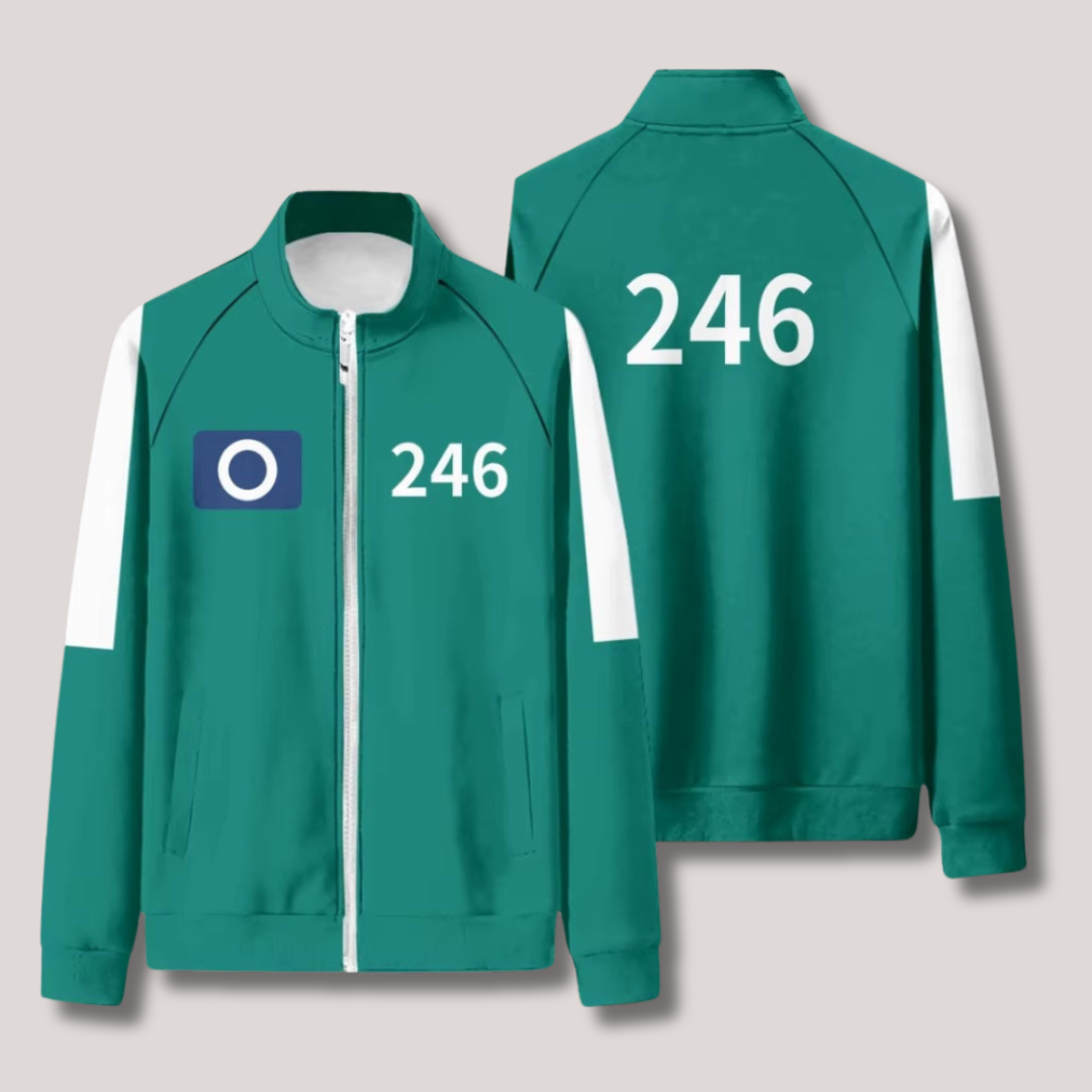 Textuur van het comfortabele groene trainingspak materiaal van het Squid Game cosplay kostuum.