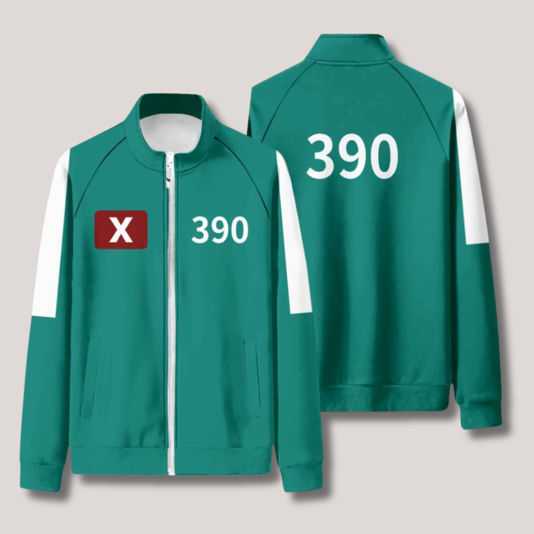 Achterkant van het Squid Game groene trainingspak, compleet unisex kostuum voor themafeesten.