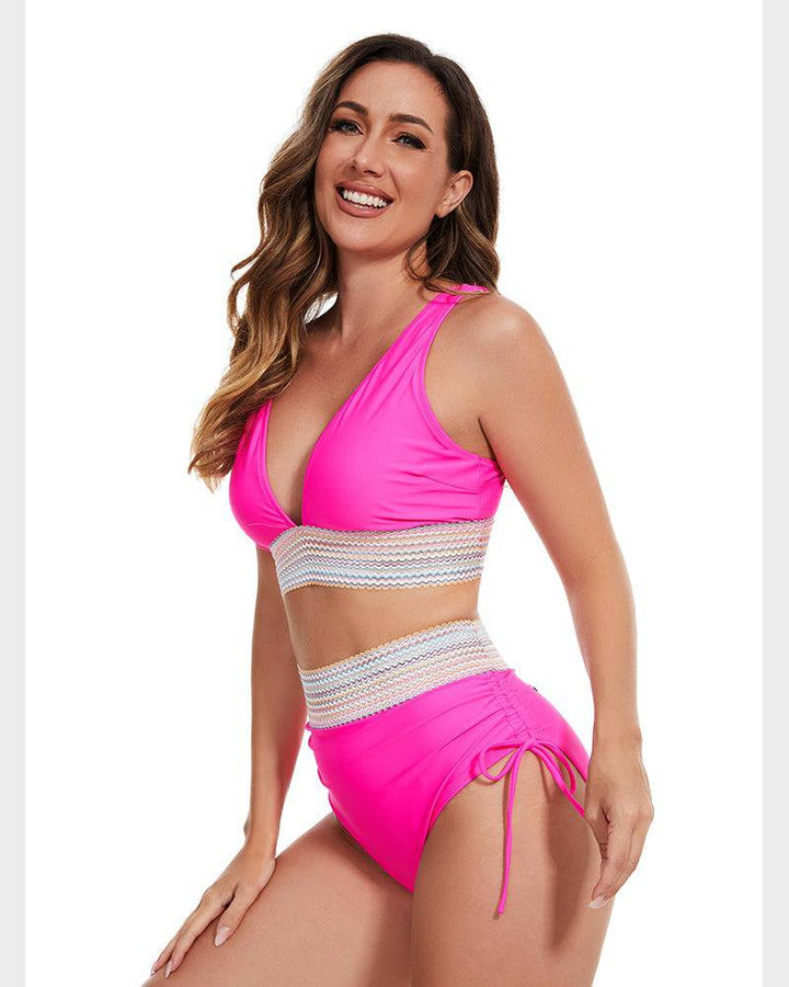 Dames badmode: corrigerende bikini met buikcontrole, kleurblok en verstelbare bandjes.
