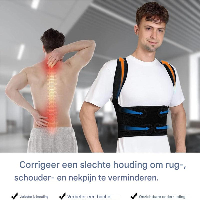 Ergonomische rugbrace met verstelbare banden voor betere houding, comfortabele rugondersteuning en effectieve pijnverlichting.
