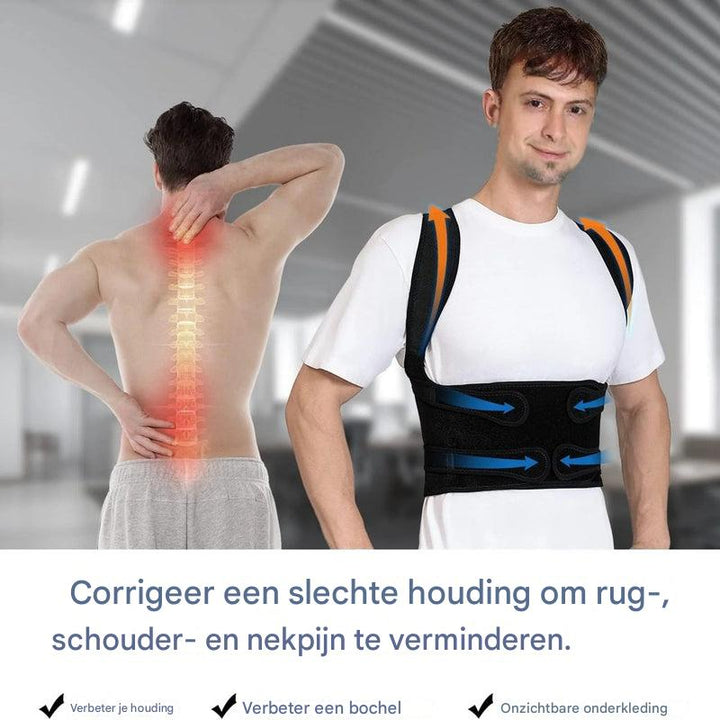 Ergonomische rugbrace met verstelbare banden voor betere houding, comfortabele rugondersteuning en effectieve pijnverlichting.