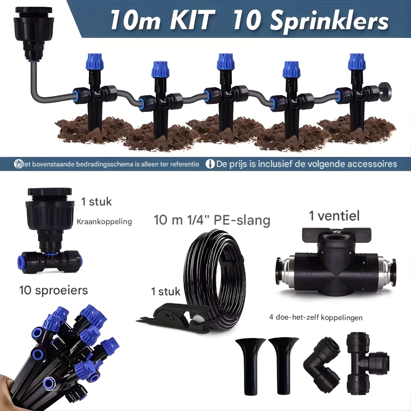 Modulair tuinirrigatiesysteem met flexibele sproeiers voor eenvoudige installatie op terras, tuin of in de kas.