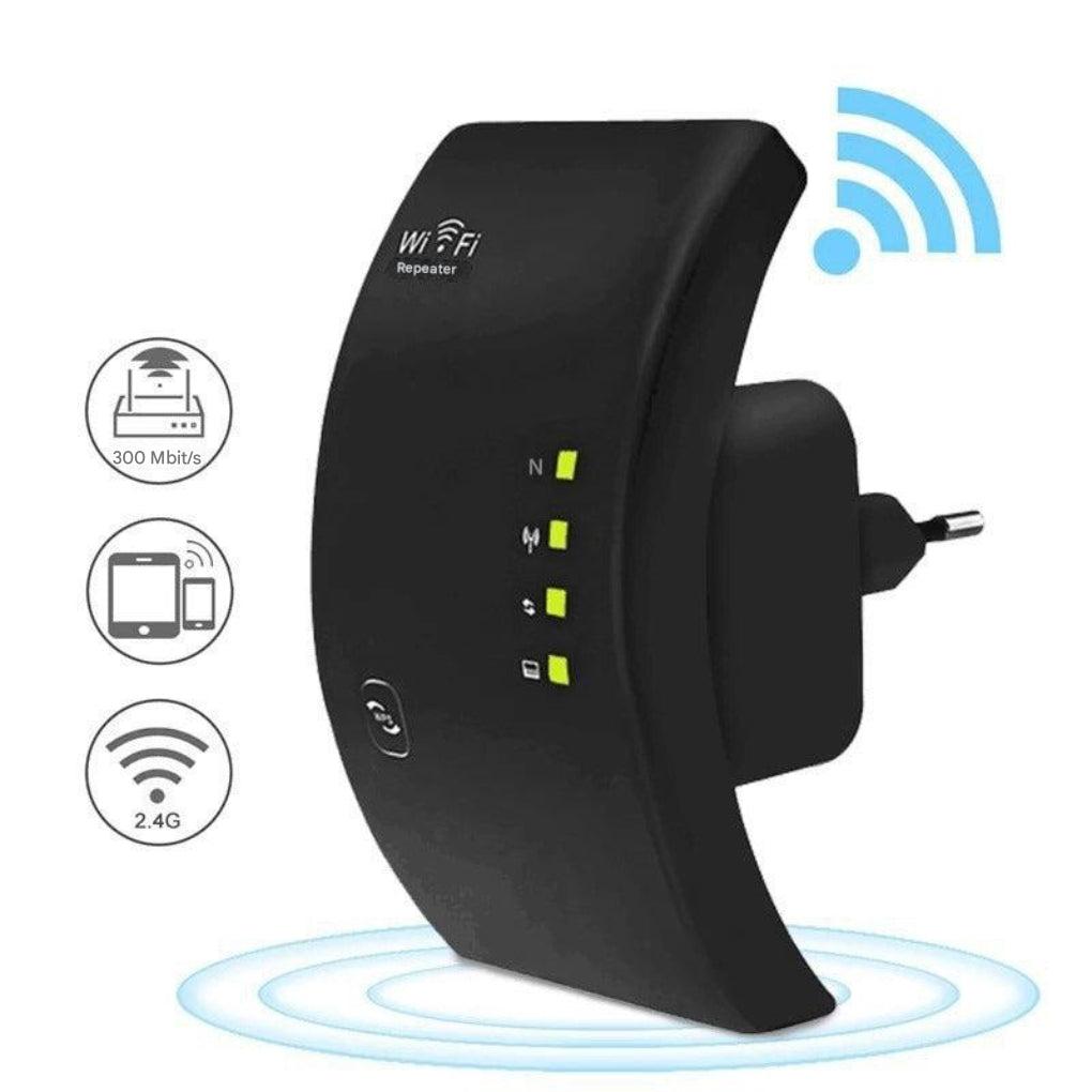 Draadloze dual-band wifi-signaalversterker (range extender) voor thuis en kantoor, verhoogt internetdekking en snelheid.