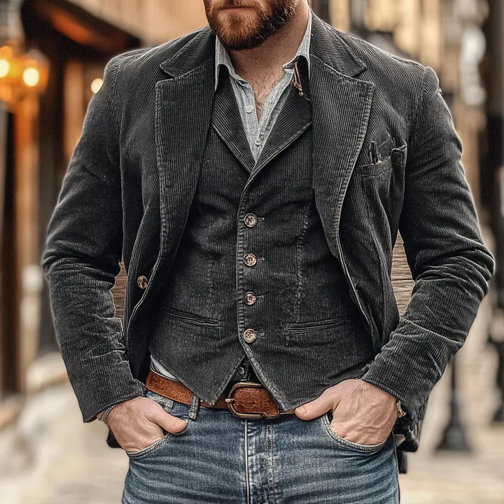 Stijlvol heren jasje en gilet set Victor, met retro charme en zakelijke elegantie. Ideaal voor herenmode.