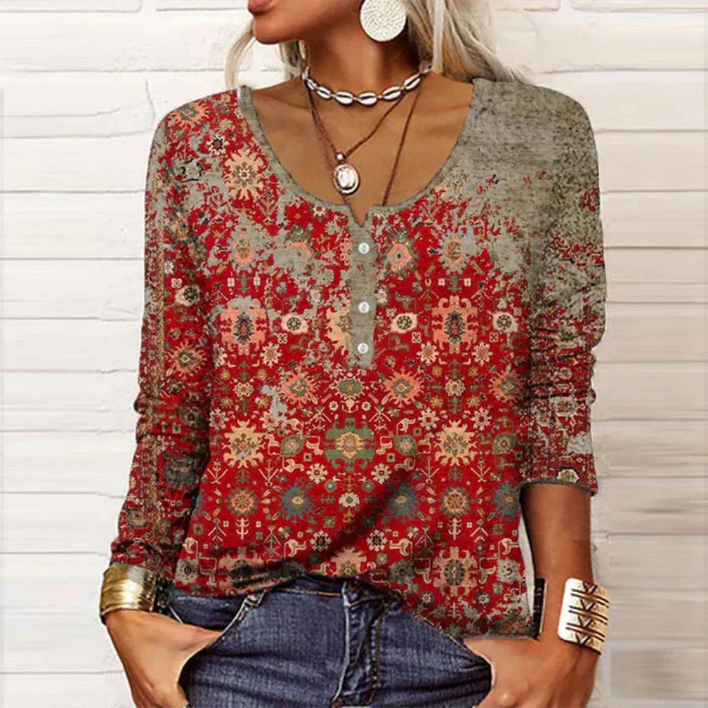 Stijlvolle rode damesblouse met lange mouwen en knoopsluiting, perfect voor een elegante casual look.