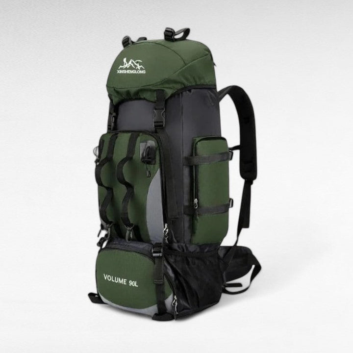 Groene unisex ultralichte waterdichte 90L wandeltas, ideaal voor hiking, kamperen en trektochten.
