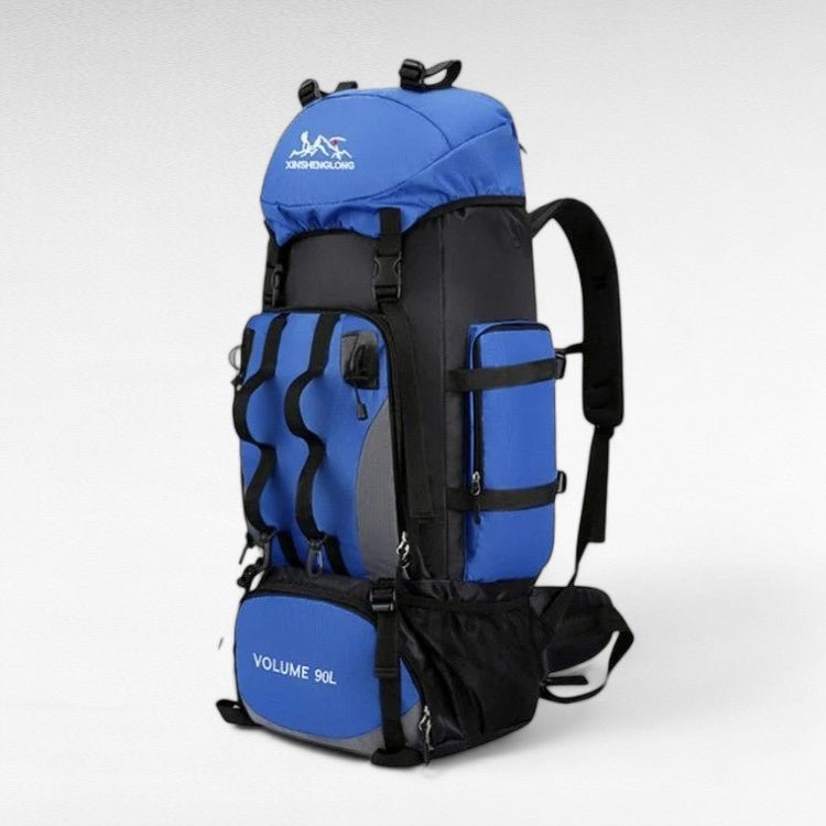 Stijlvolle zwarte unisex 90L hiking rugzak, waterdicht en ultralicht voor outdoor en reizen.