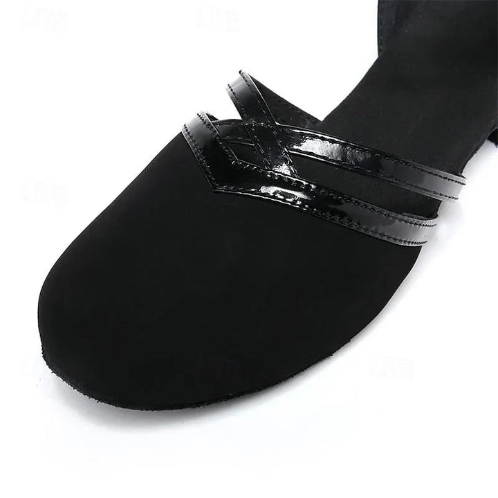 Elegante zwarte open teen dansschoenen voor dames, ideaal voor latin, salsa en moderne dans.