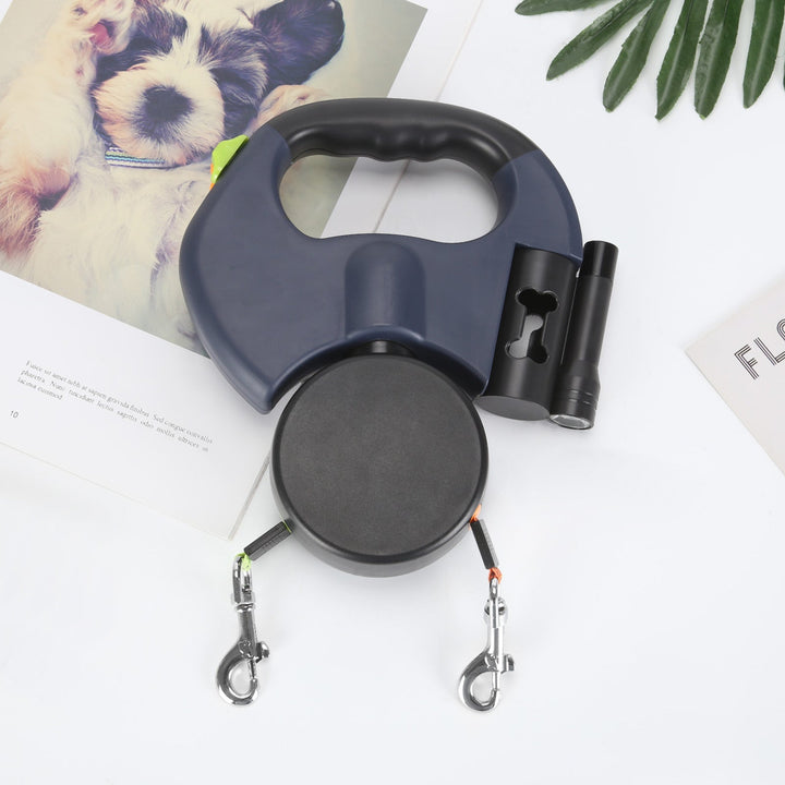 Stressvrije dubbele oprolriem met zaklamp voor gelijktijdig uitlaten van twee honden, comfortabel.