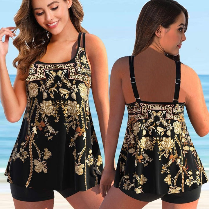 Achterweergave van de stijlvolle Marielle plus size tankini, comfortabel dames badpak.